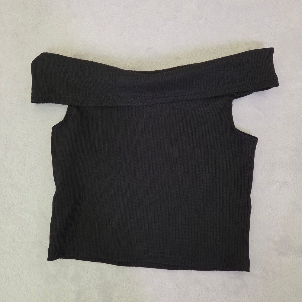 Dazy Black Ribbed Off The Shoulder Fold Over Bardot Top L Clean Girl Y2K Chic